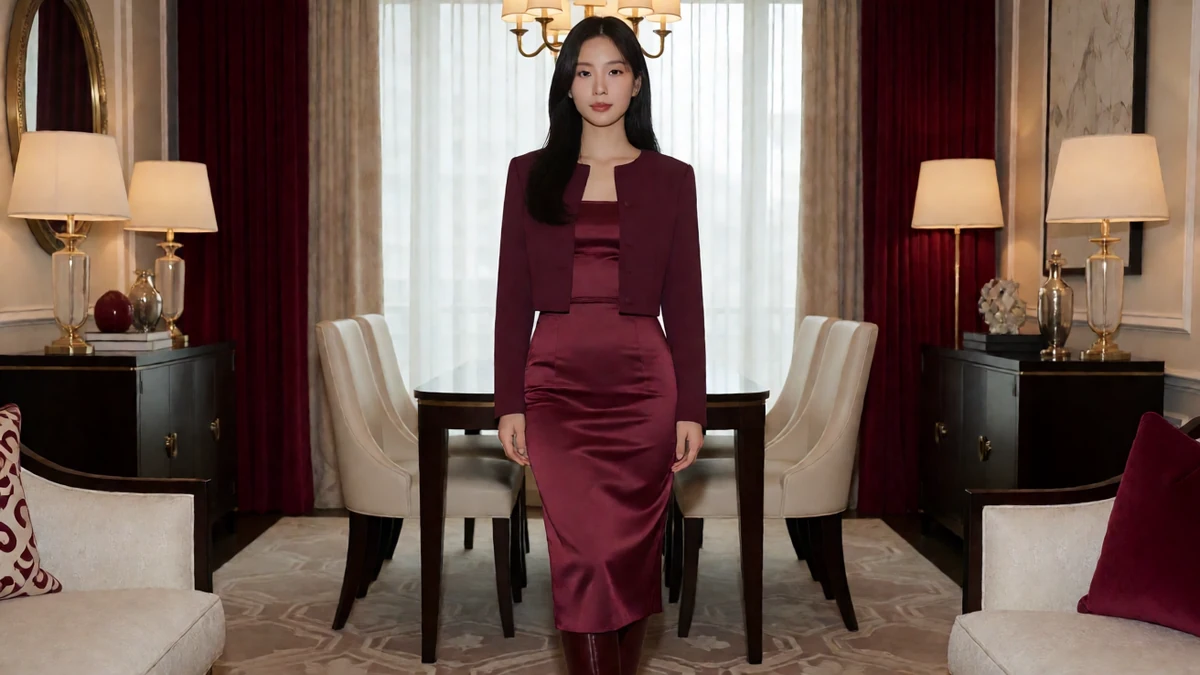 暖灯套房里穿酒红色修身裙与同色外套的成年女郎